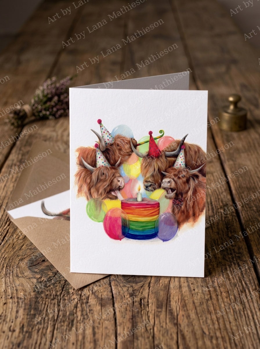 A Highland Birthday design on an A6 greeting card.
