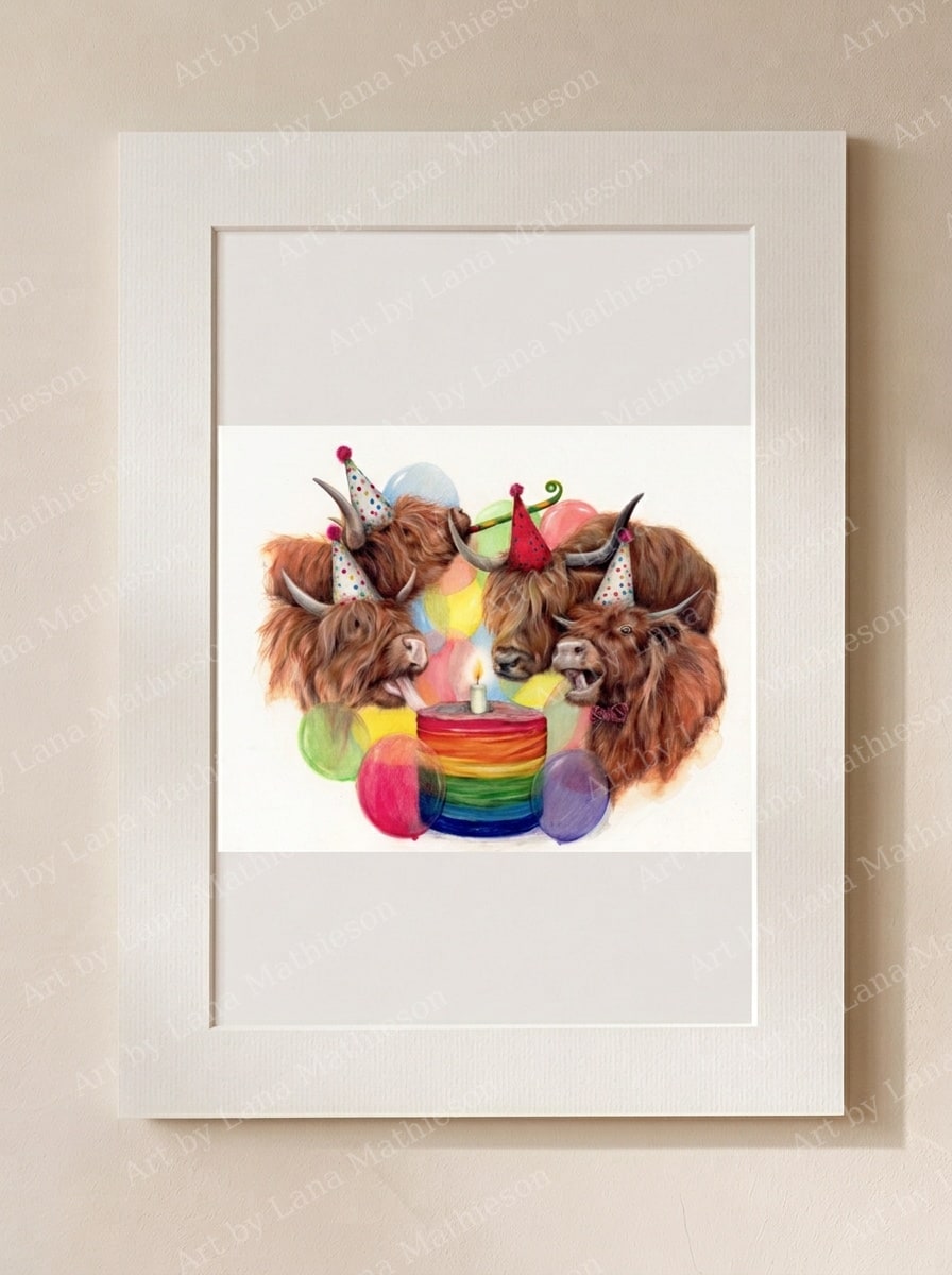 A Highland Birthday design on a mounted fine art print.