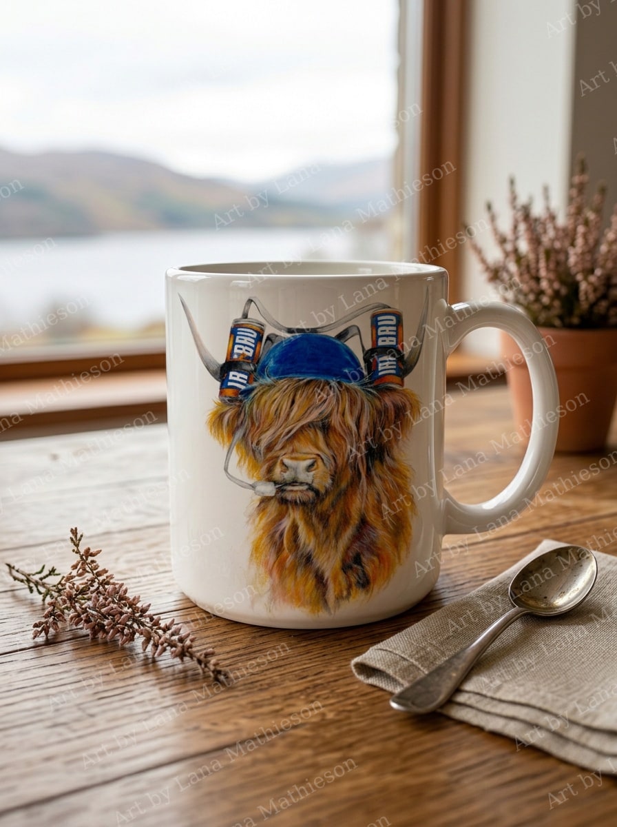 Coo wi' a Bru design on a ceramic mug.