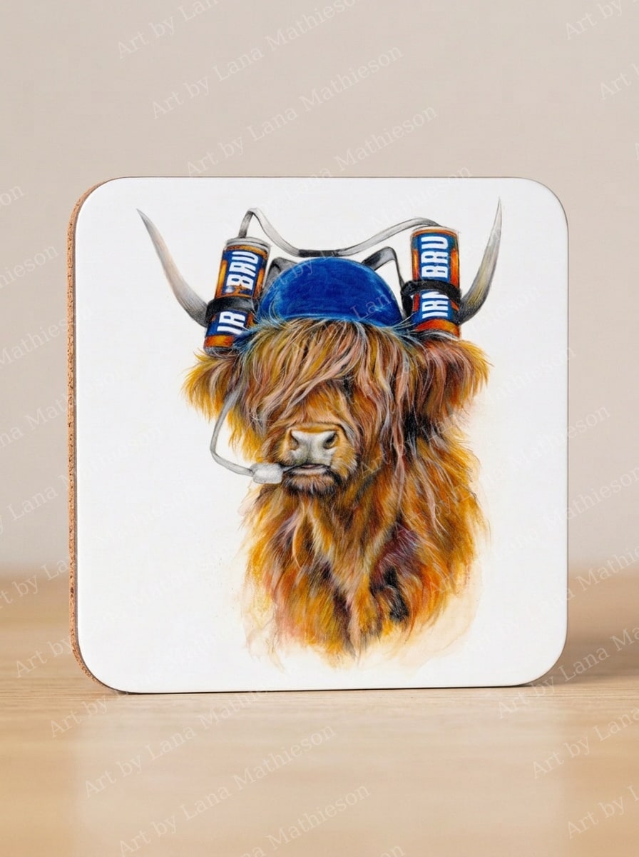 Coo wi' a Bru design on coasters.