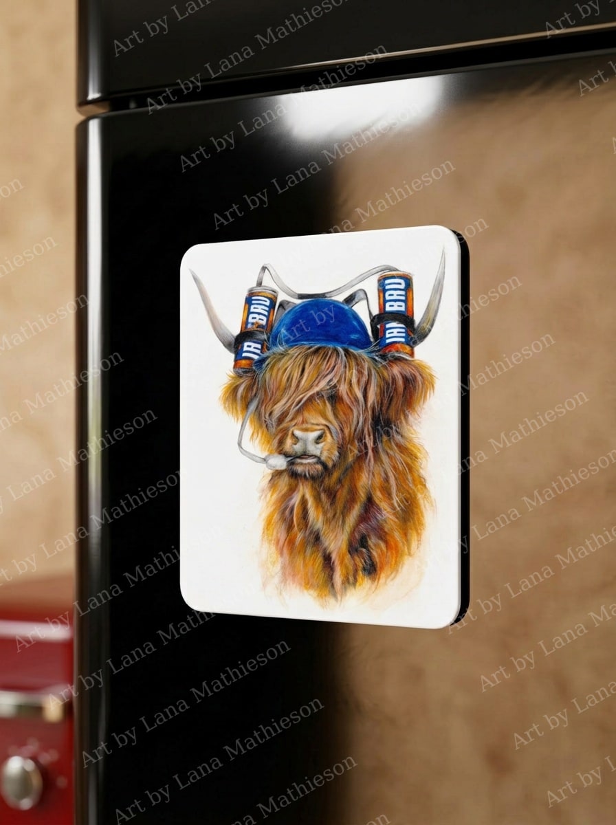 Coo wi' a Bru design on a fridge magnet.