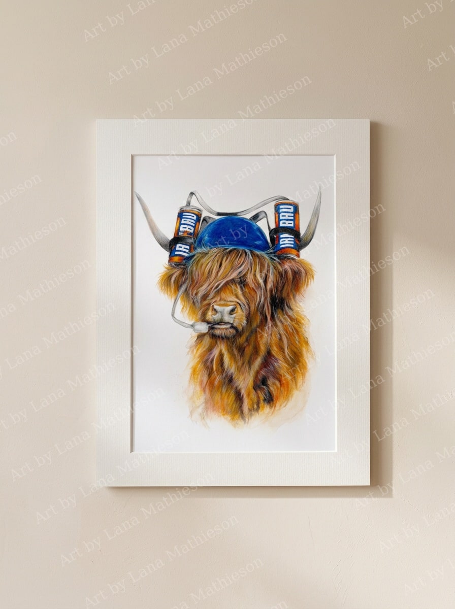Coo wi' a Bru design on a mounted fine art print.