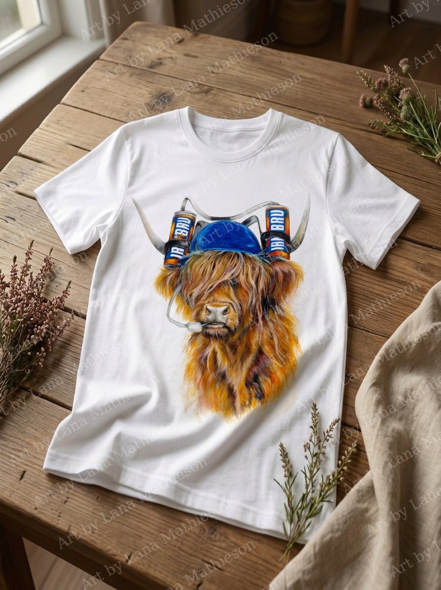 Coo wi' a Bru design on a T-shirt.