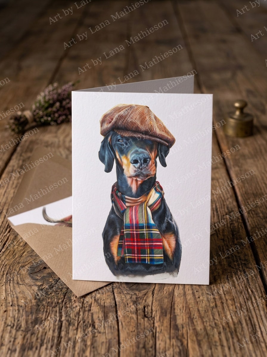 Peaky Dobie design on an A6 greeting card.