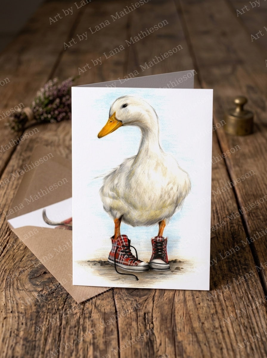 Duck in Chucks design on an A6 greeting card.