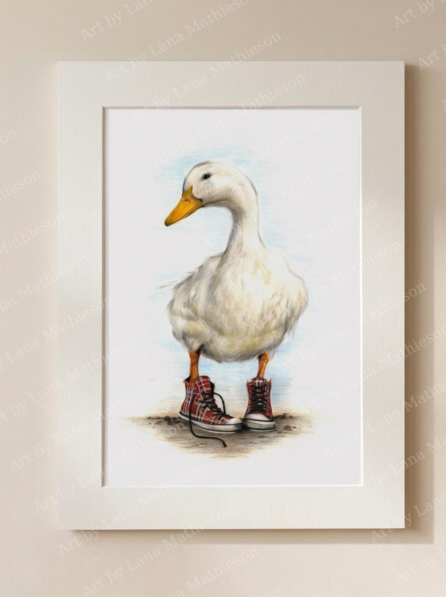 Duck in Chucks design on a mounted fine art print.