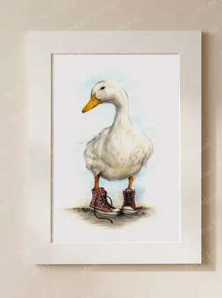 Duck in Chucks design on a mounted fine art print.
