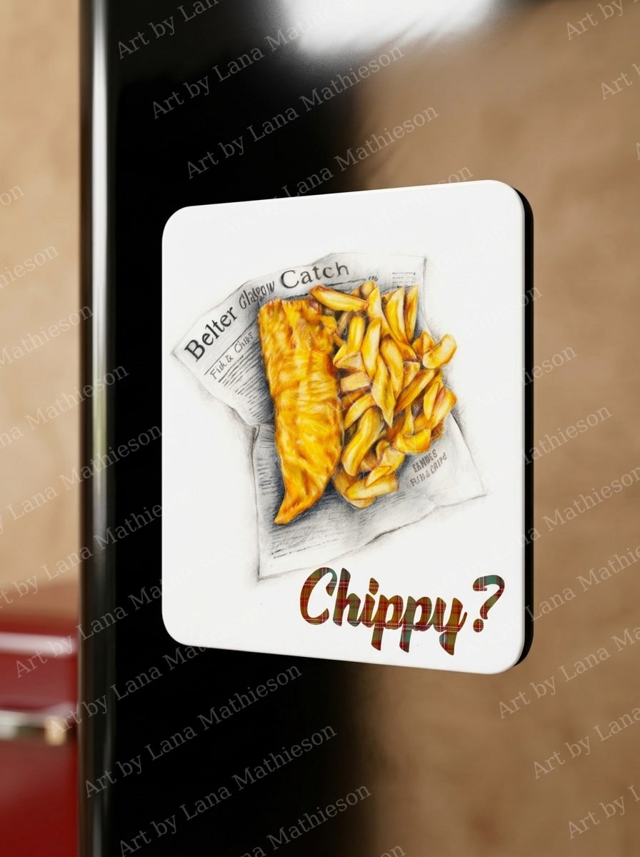 Fish Supper design on a fridge magnet.