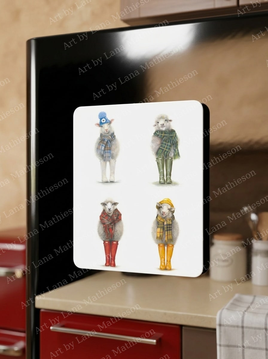 Four Seasons Sheeps design on a fridge magnet.