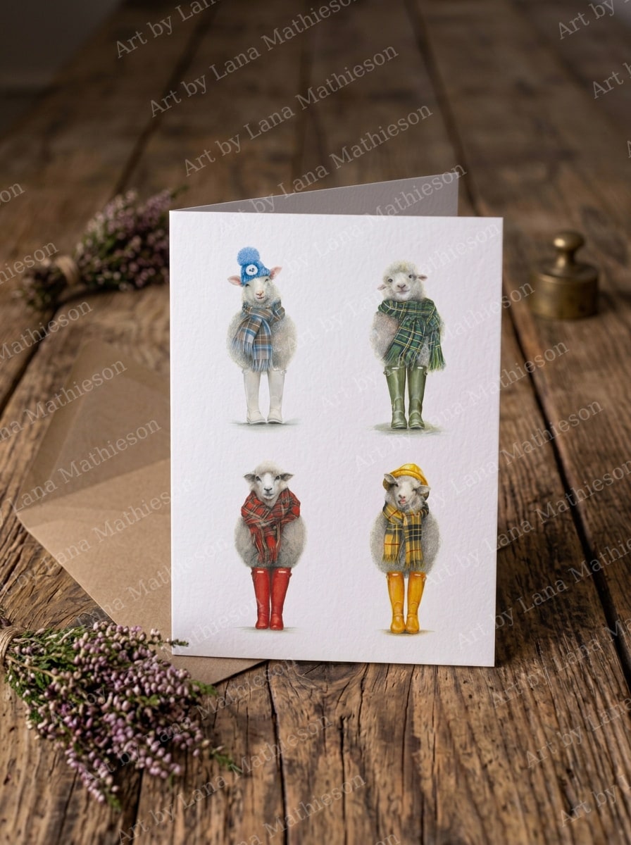 Four Seasons Sheeps design on an A6 greeting card.