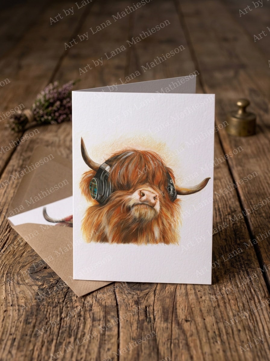 Highland Beats design on an A6 greeting card.