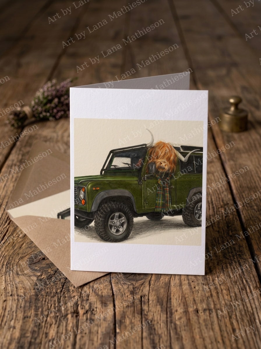 Highland Driver design on an A6 greeting card.
