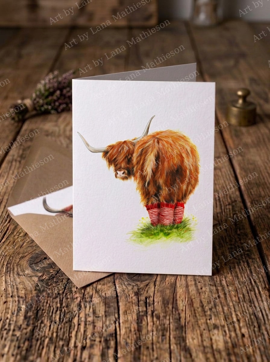 Highland Hygge design on an A6 greeting card.