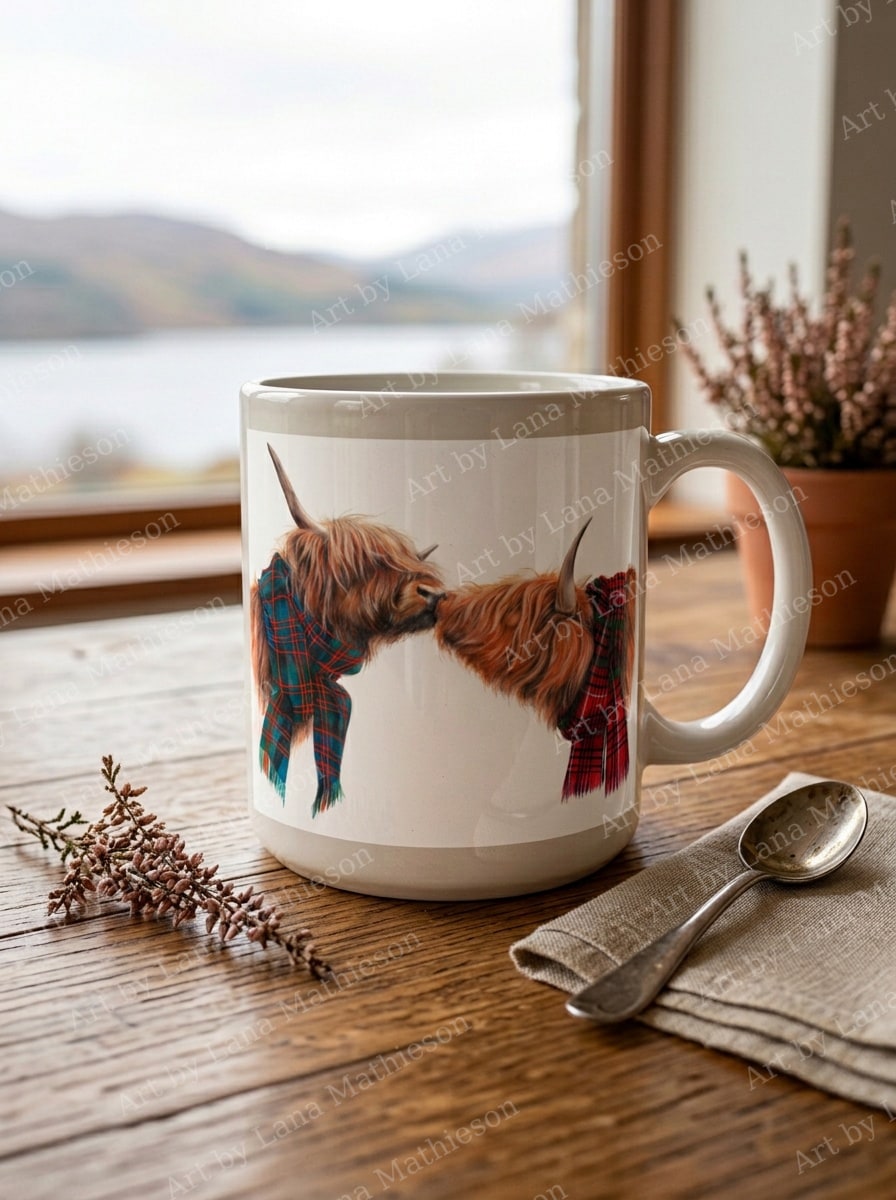 Highland Love design on a ceramic mug.