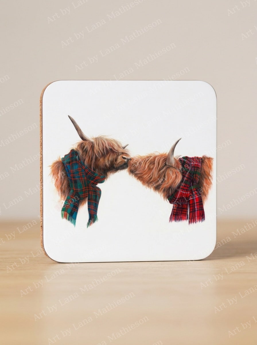 Highland Love design on coasters.