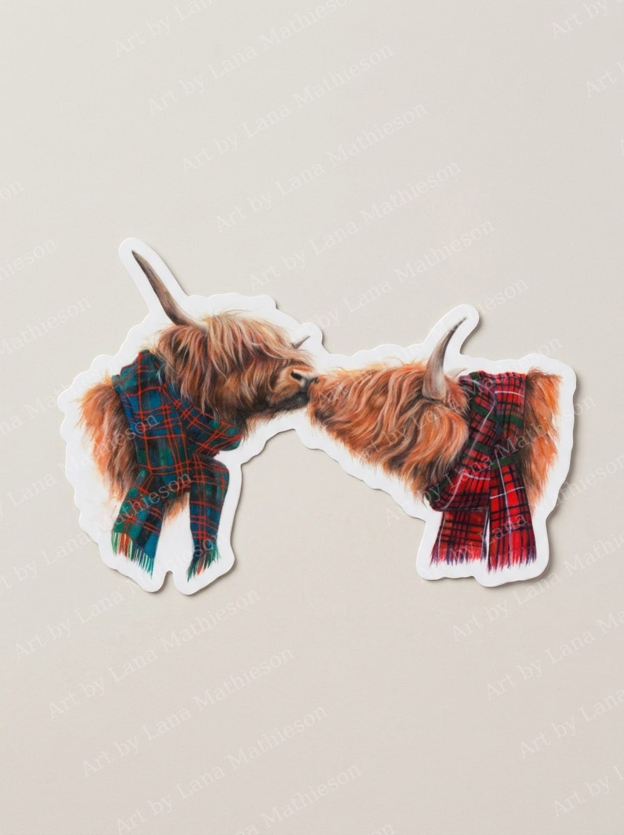 Highland Love design on a waterproof outdoor sticker.