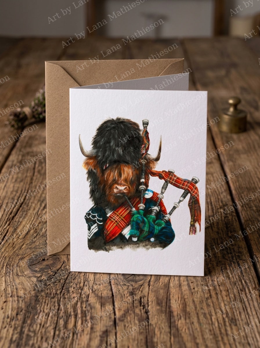 Highland Piper design on an A6 greeting card.