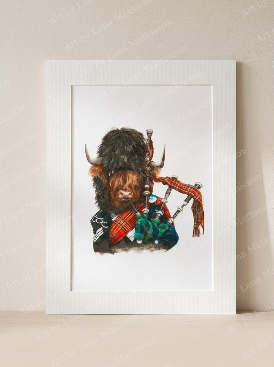 Highland Piper design on a mounted fine art print.