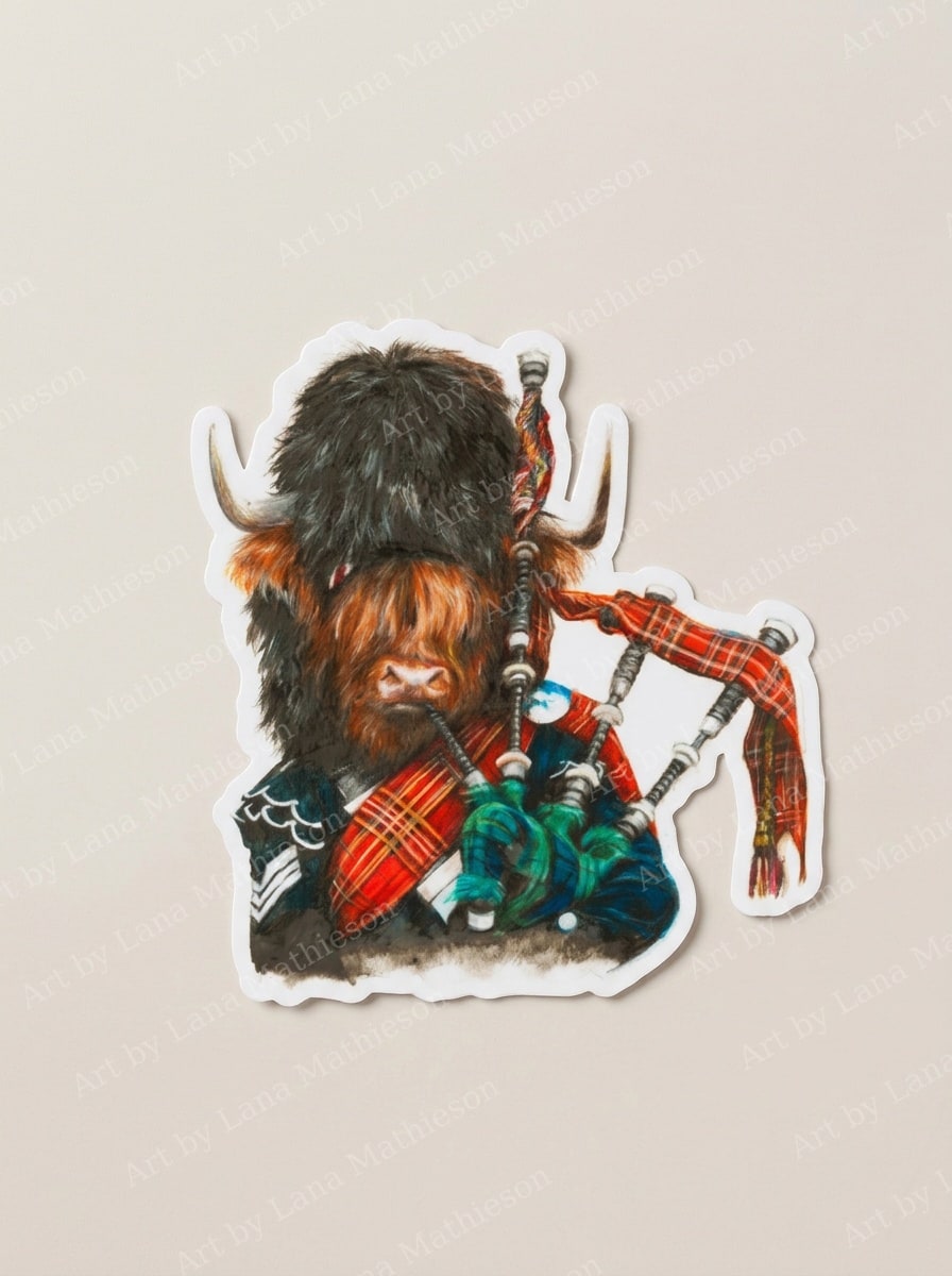 Highland Piper design on a waterproof outdoor sticker.