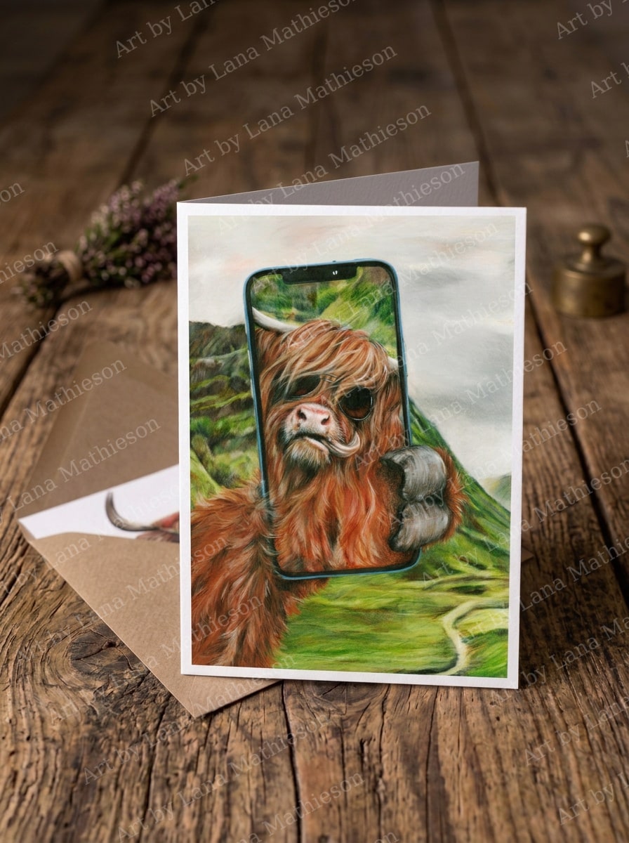 Highland Selfie design on an A6 greeting card.