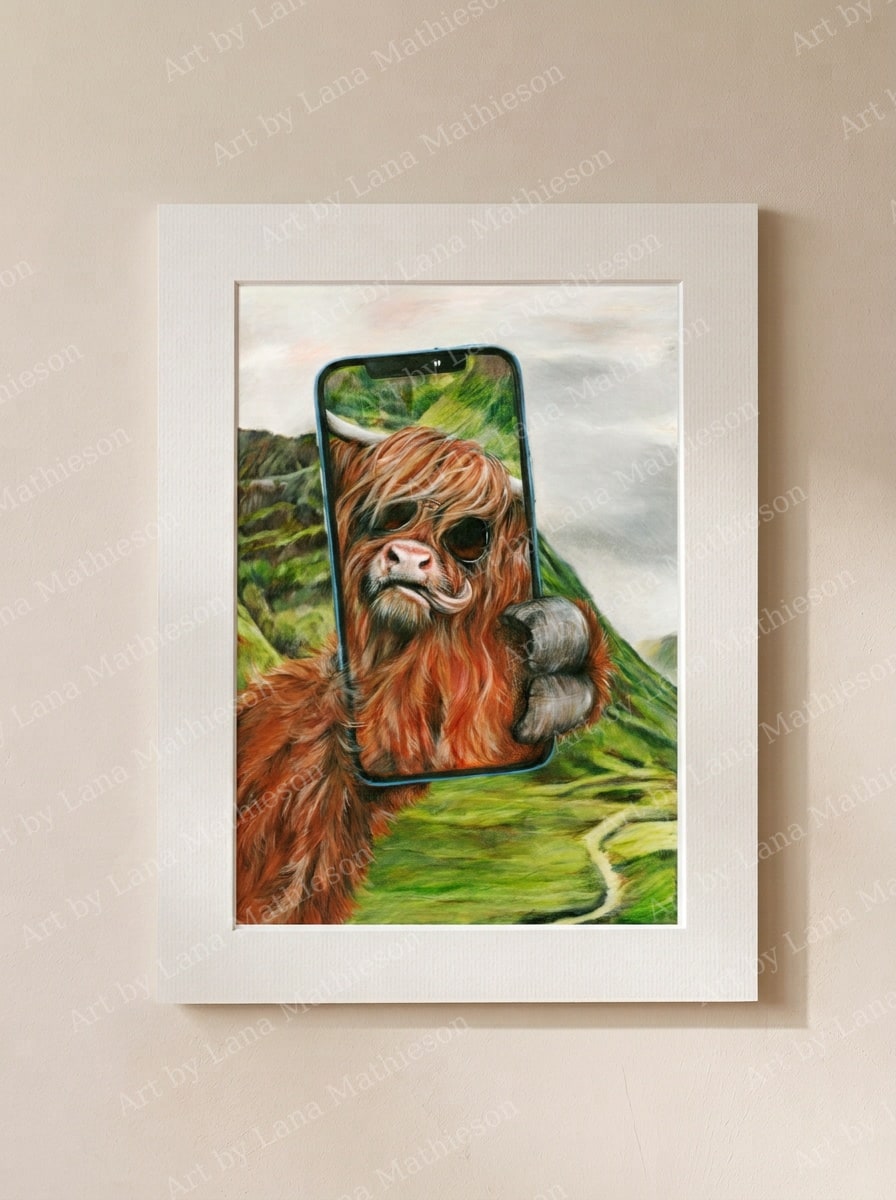Highland Selfie design on a mounted fine art print.