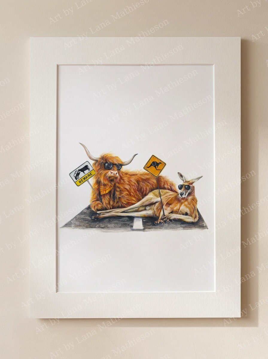 No Worries, No Hurries, Just Outback Sunnies design on a mounted fine art print.