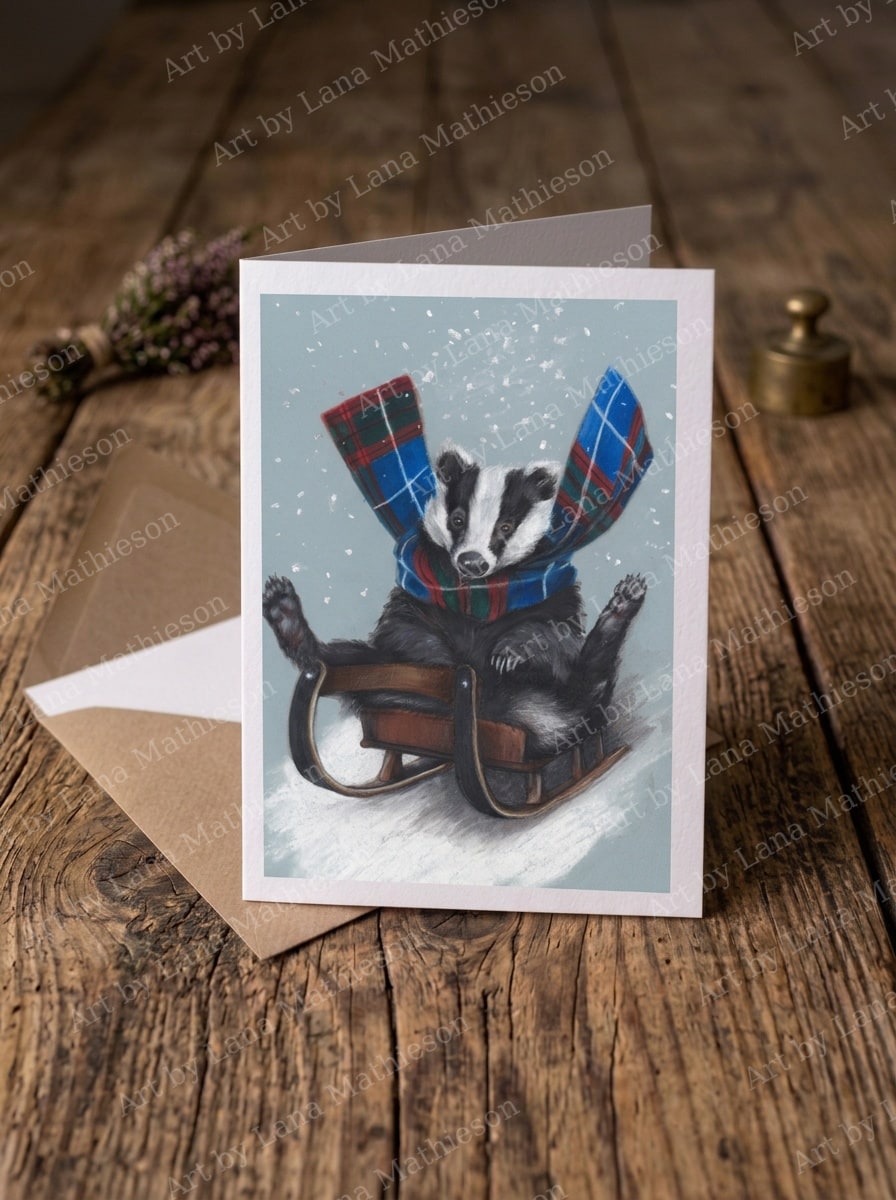 The Badger Doon the Brae (Christmas Card) design on an A6 greeting card.