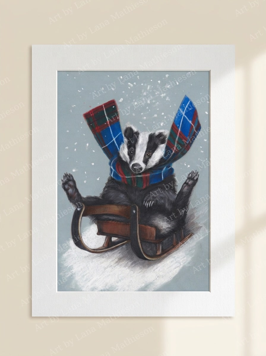 The Badger Doon the Brae (Christmas Card) design on a mounted fine art print.