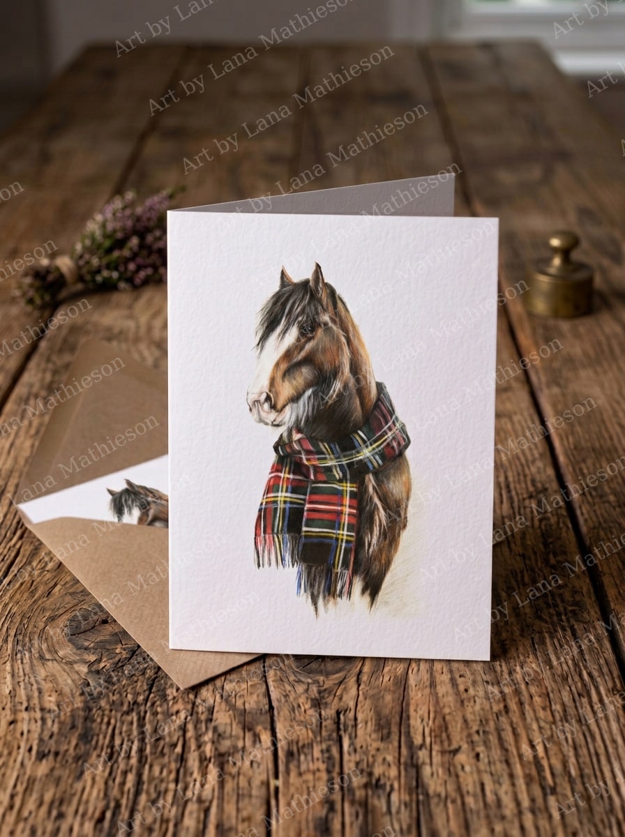 The Black Stewart Clydesdale design on an A6 greeting card.