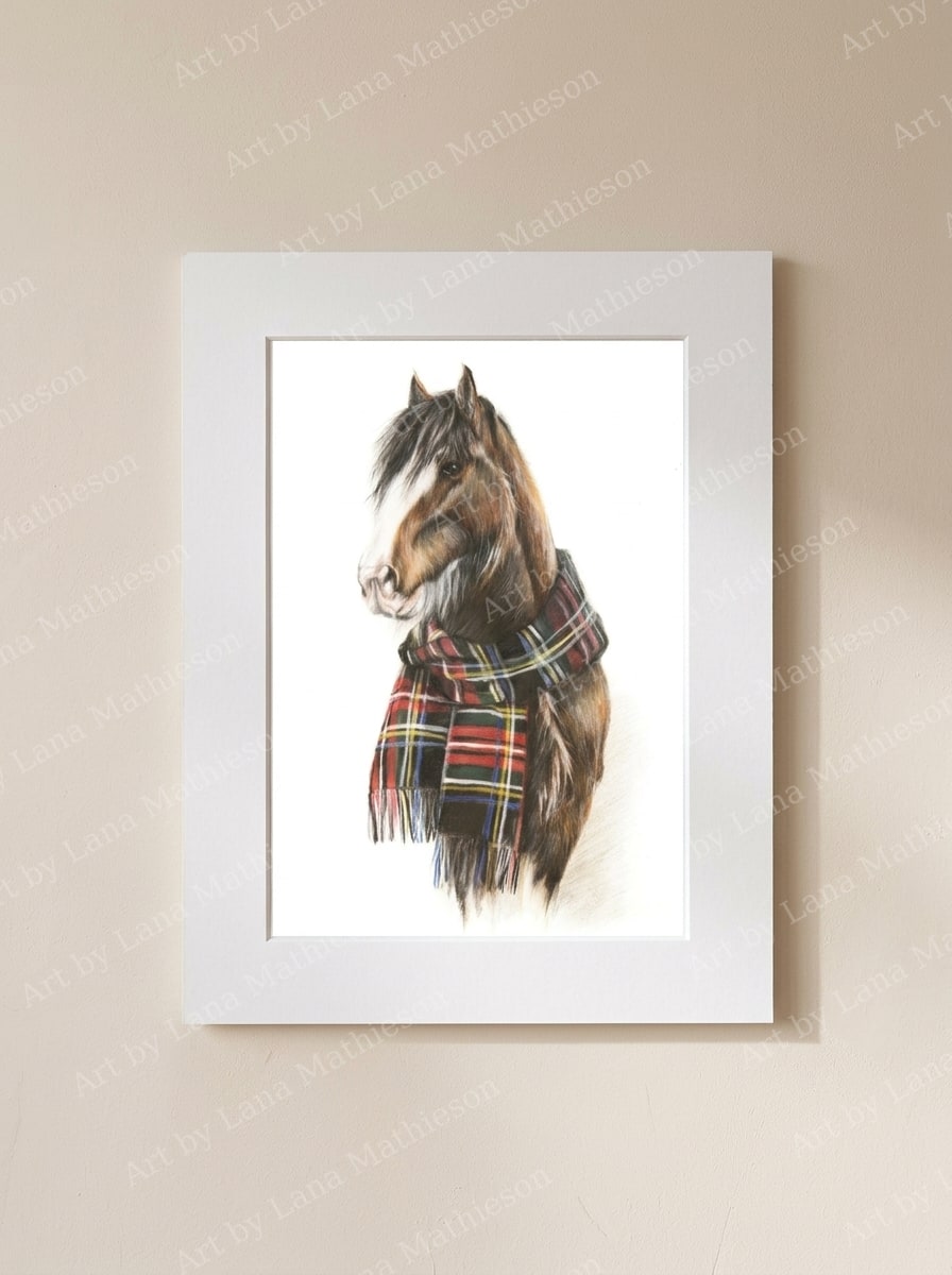 The Black Stewart Clydesdale design on a mounted fine art print.
