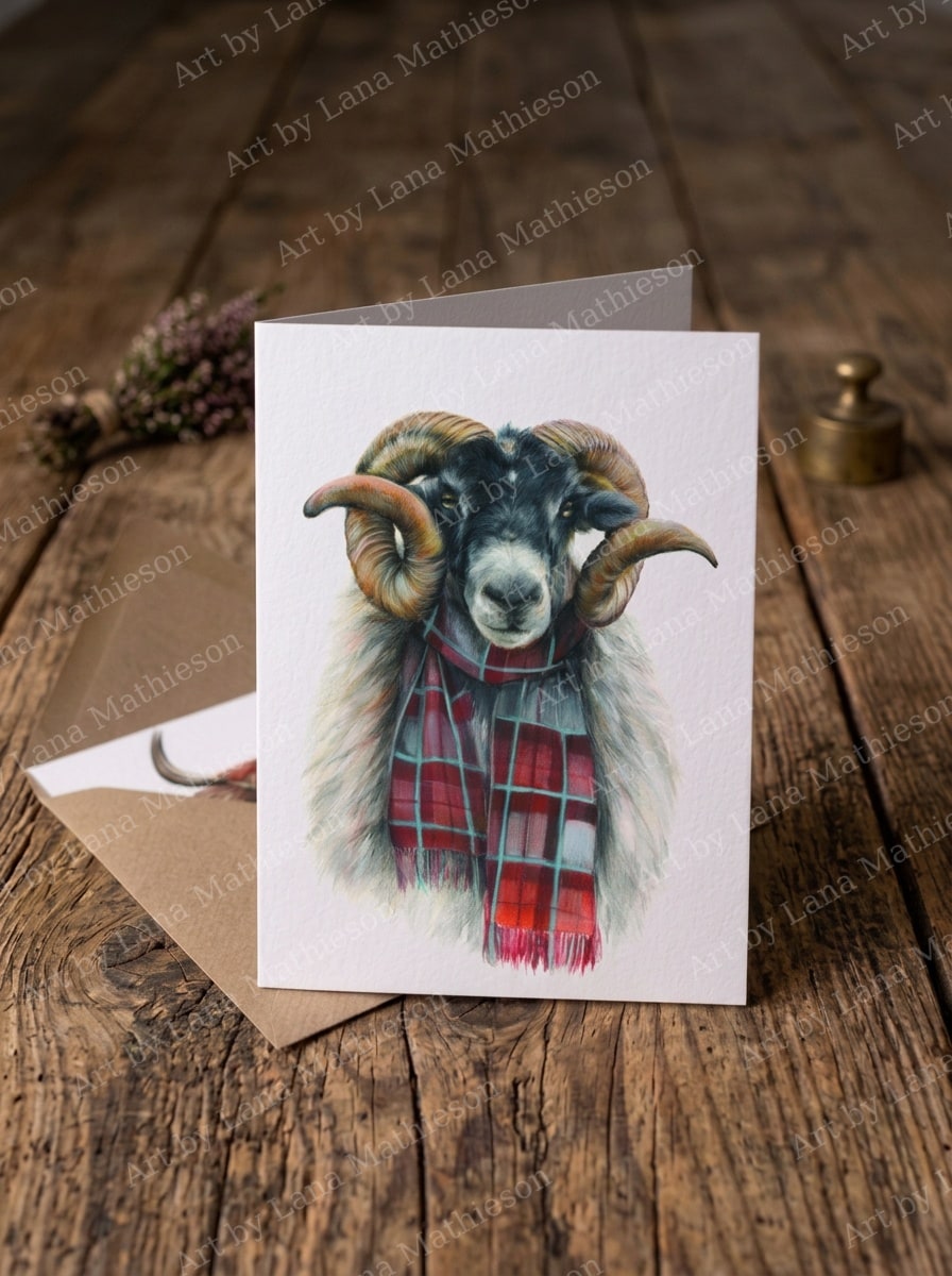 The Blackface Mackenzie design on an A6 greeting card.
