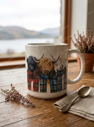 The Colours of the Highlands design on a ceramic mug.