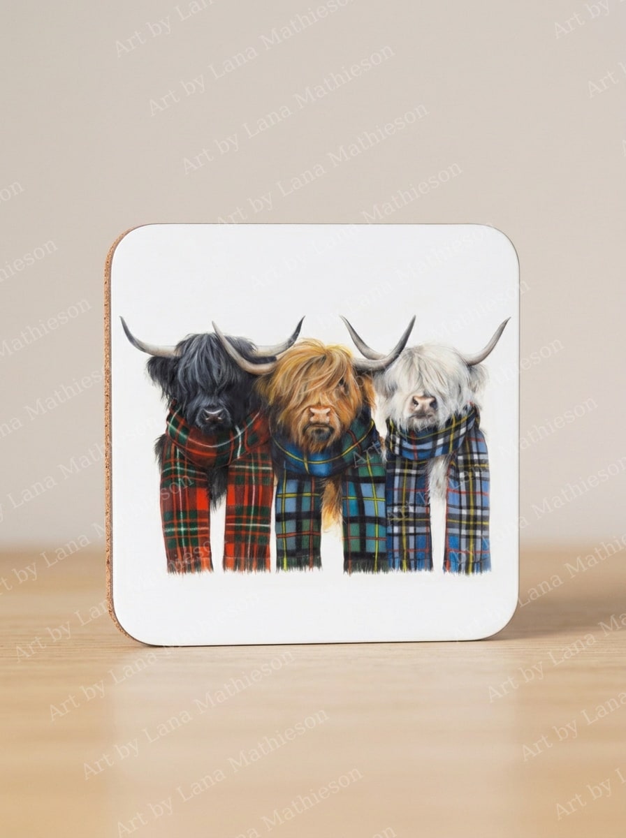 The Colours of the Highlands design on coasters.