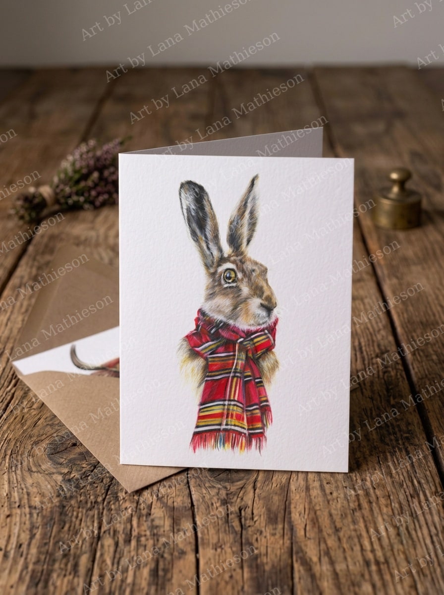 The Hare of Ardrishaig design on an A6 greeting card.