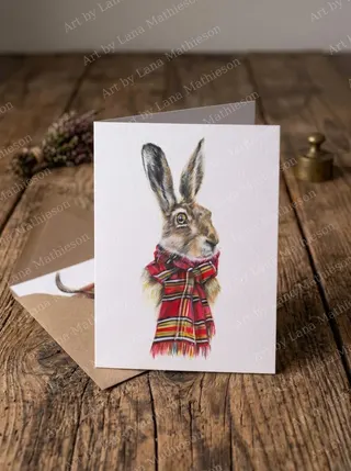 The Hare of Ardrishaig design on an A6 greeting card.