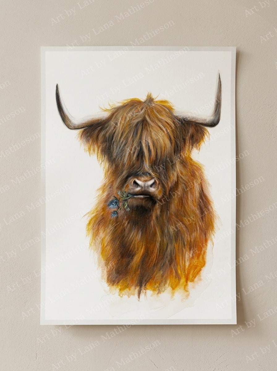 The Jaggy Thistle Coo design on an A1 scenic poster.