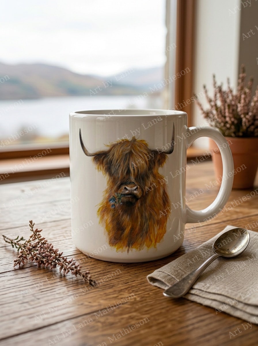 The Jaggy Thistle Coo design on a ceramic mug.