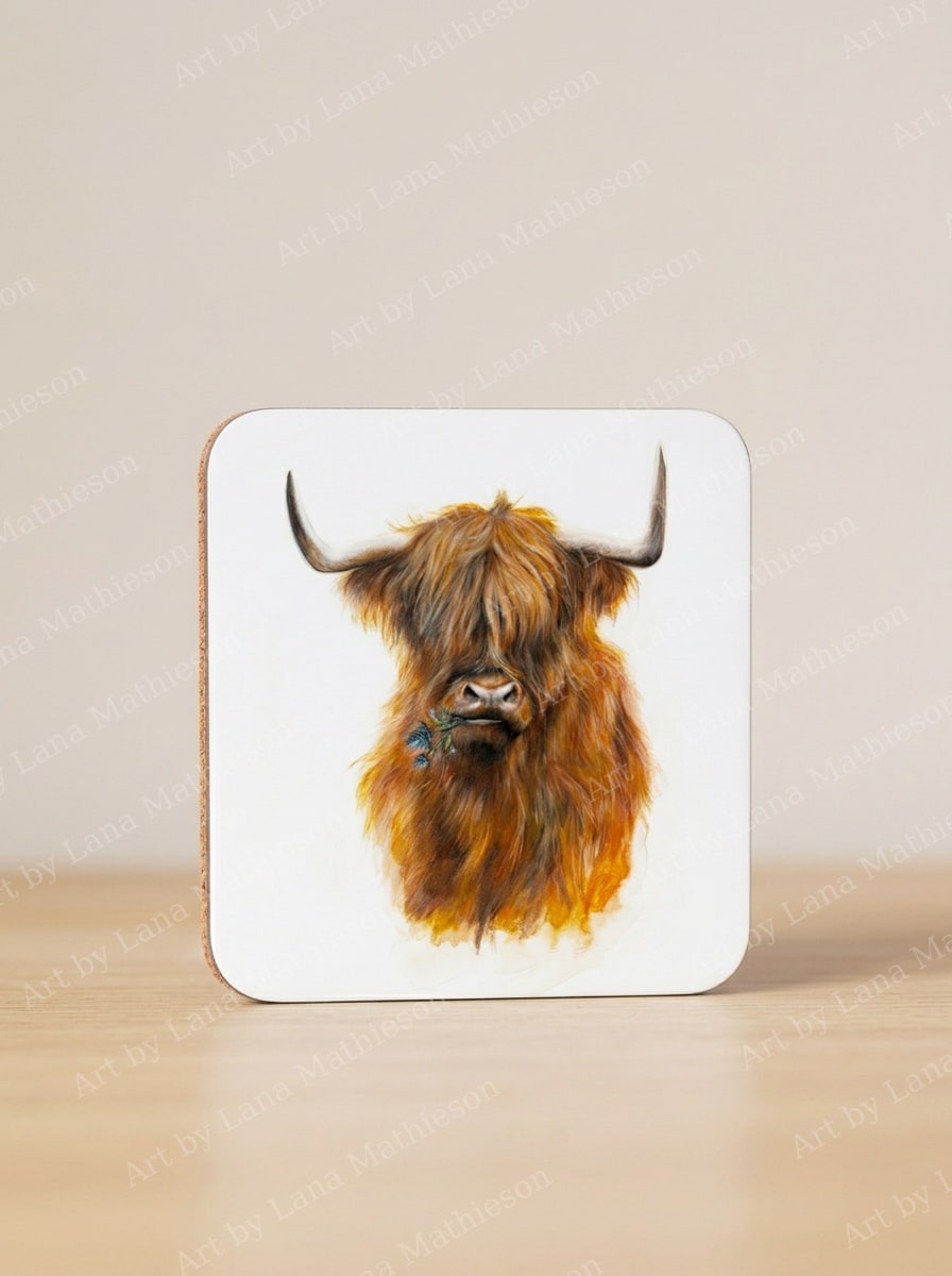 The Jaggy Thistle Coo design on coasters.