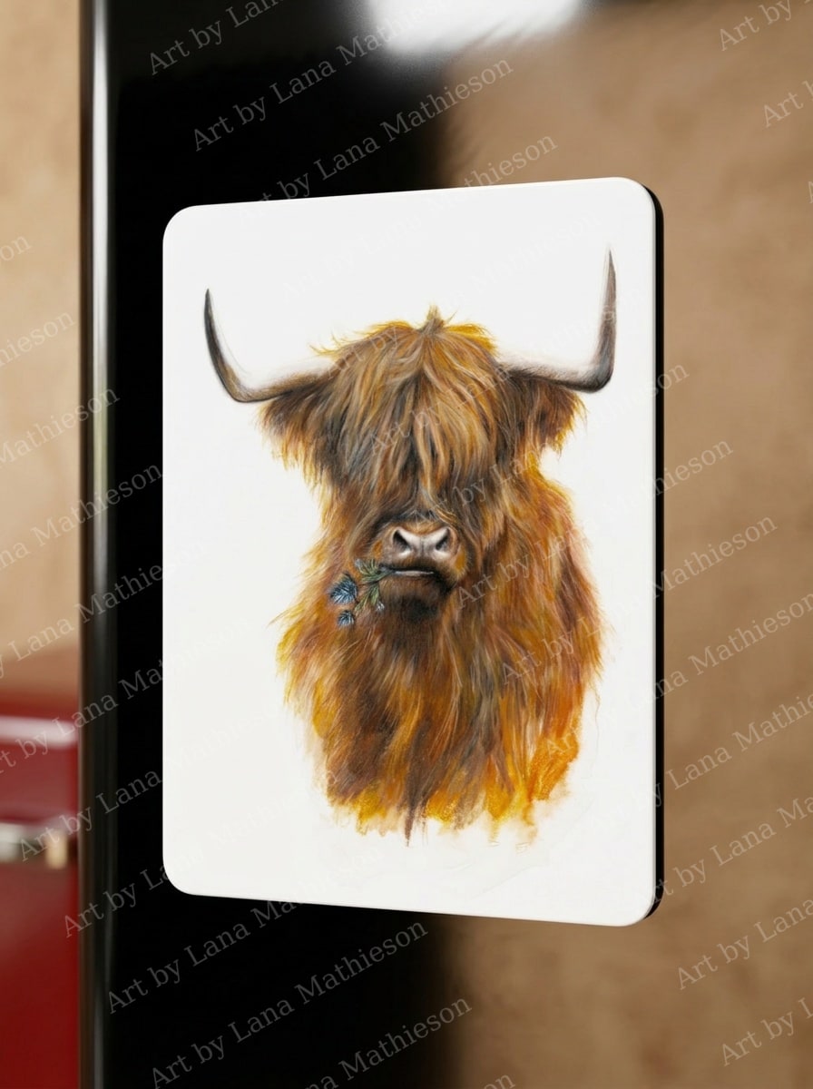 The Jaggy Thistle Coo design on a fridge magnet.