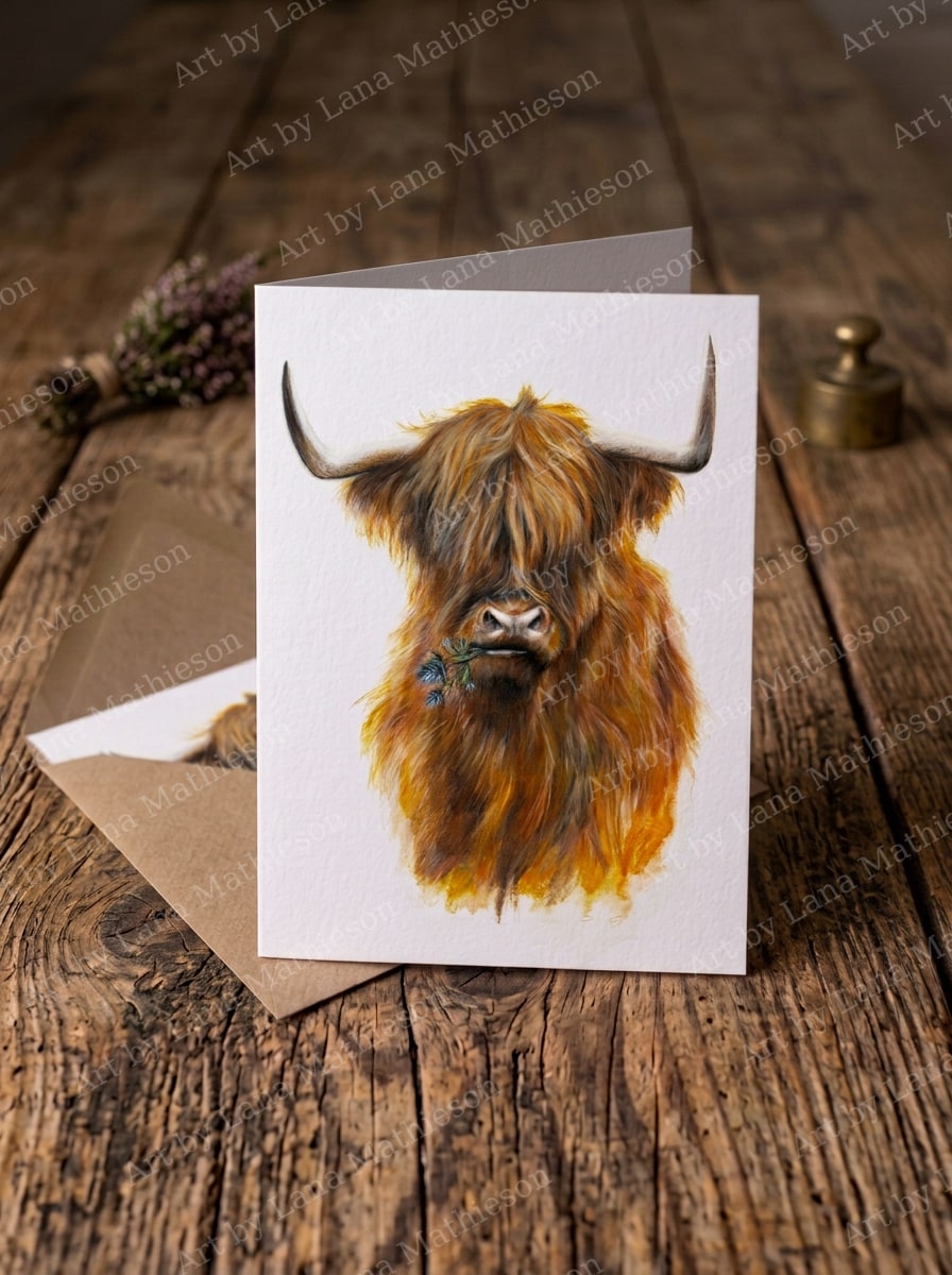 The Jaggy Thistle Coo design on an A6 greeting card.
