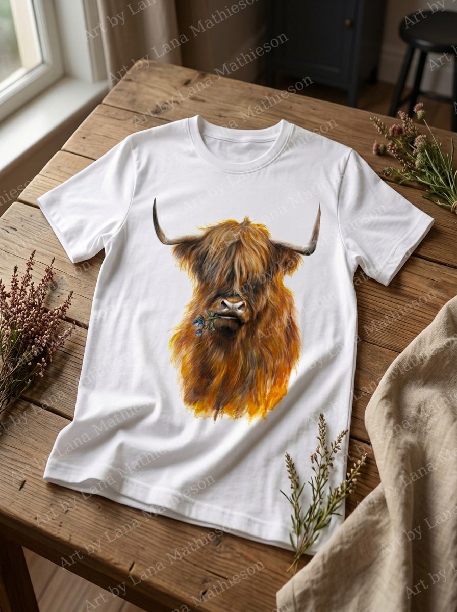 The Jaggy Thistle Coo design on a T-shirt.