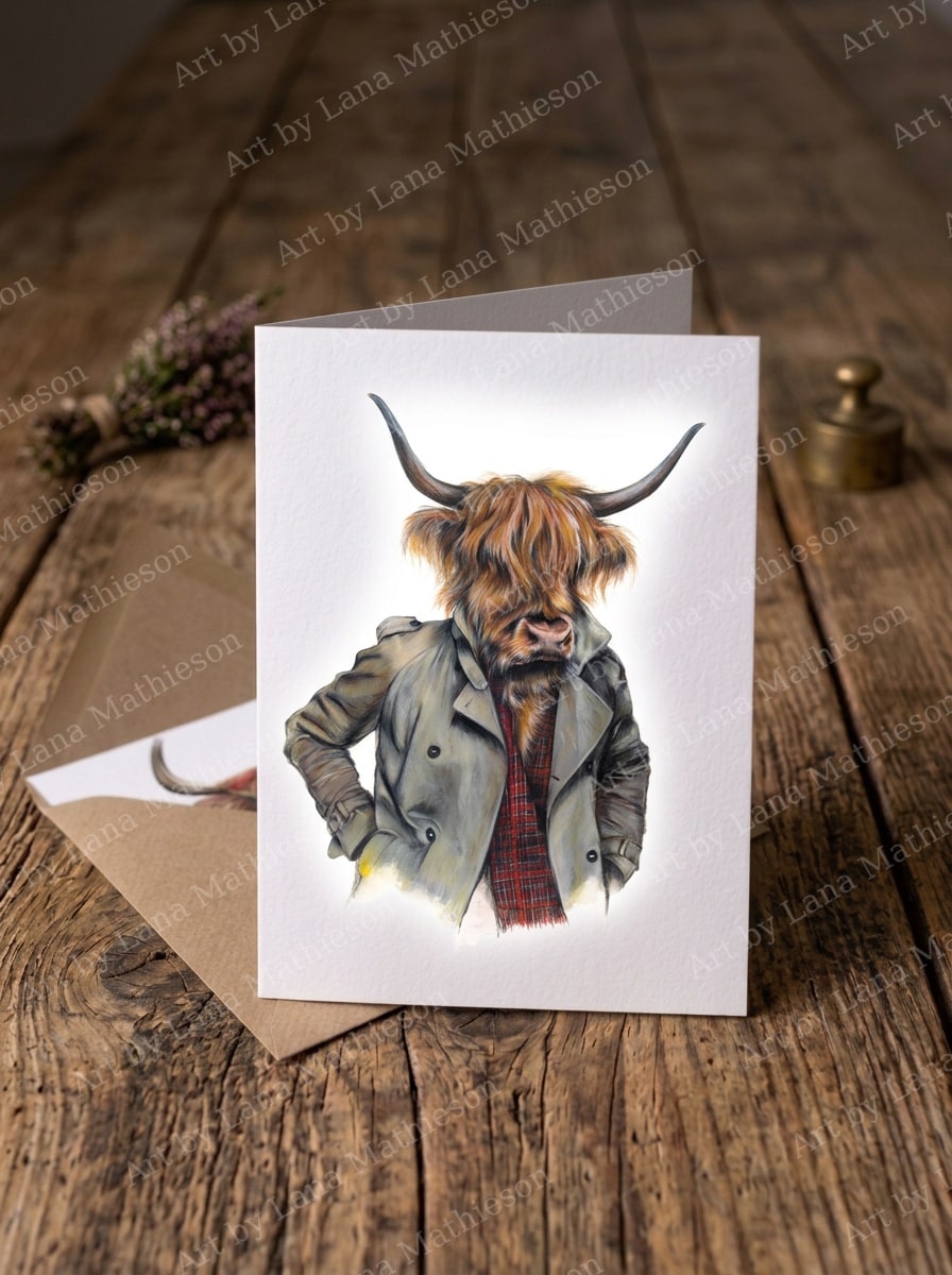 The Kelvingrove Coo design on an A6 greeting card.