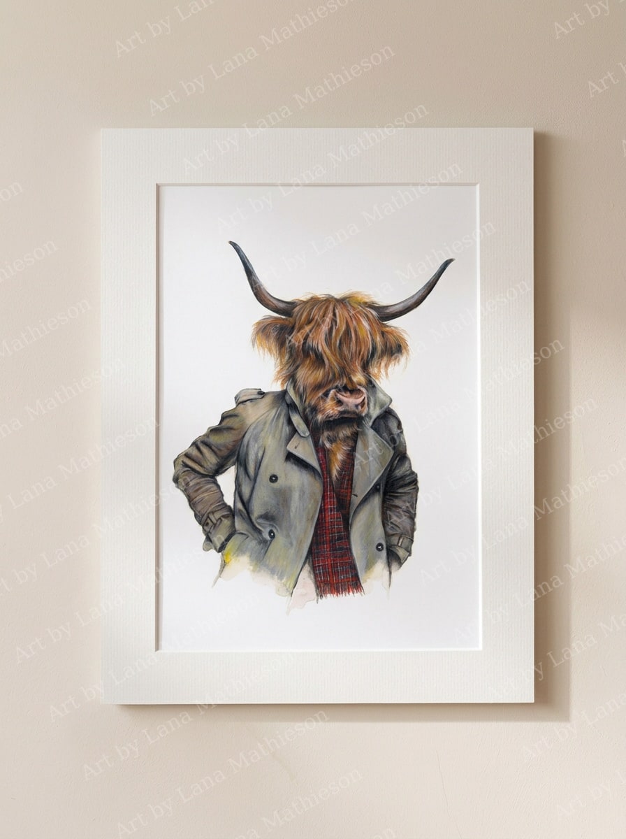 The Kelvingrove Coo design on a mounted fine art print.