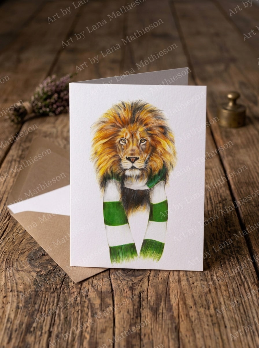 The Lisbon Lion older Version design on an A6 greeting card.