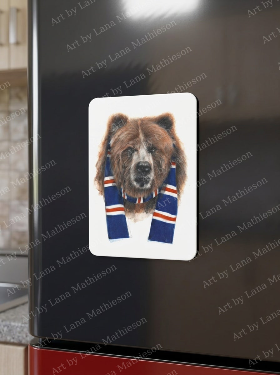 The Rangers Bear design on a fridge magnet.