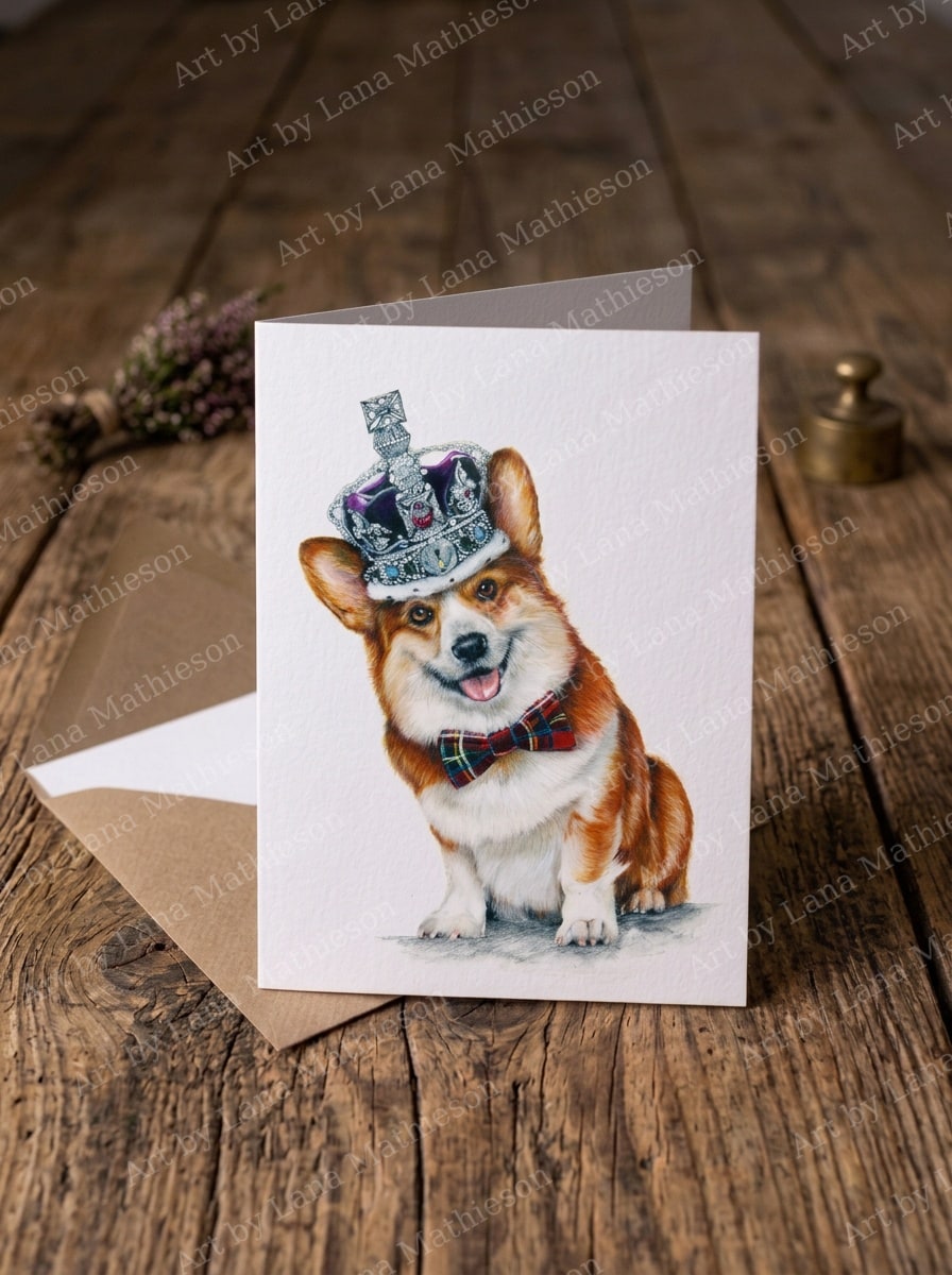 The Royal Corgi design on an A6 greeting card.