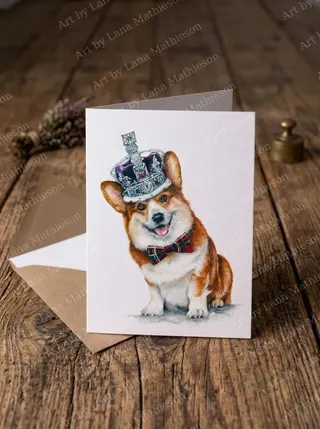 The Royal Corgi design on an A6 greeting card.