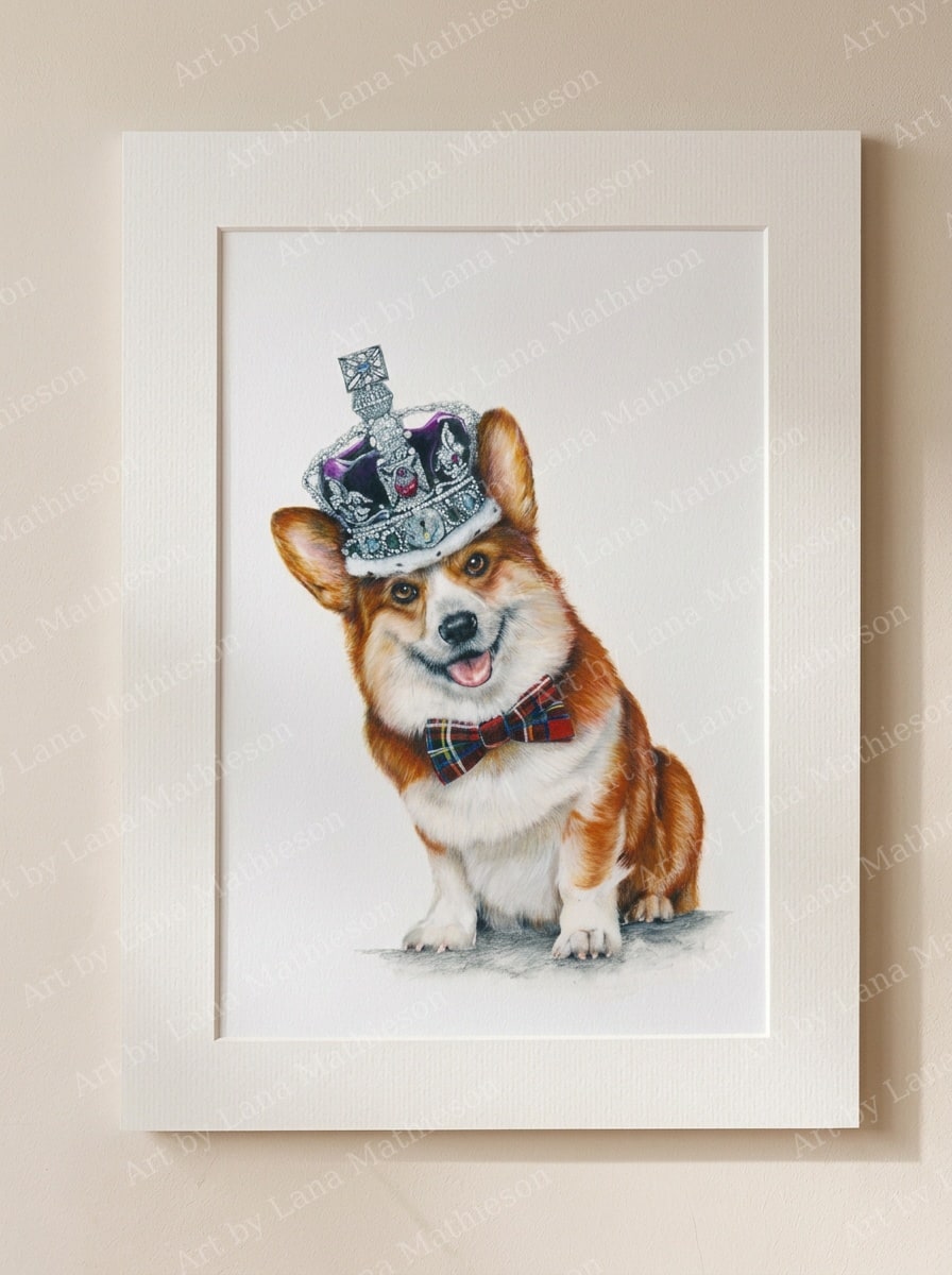 The Royal Corgi design on a mounted fine art print.
