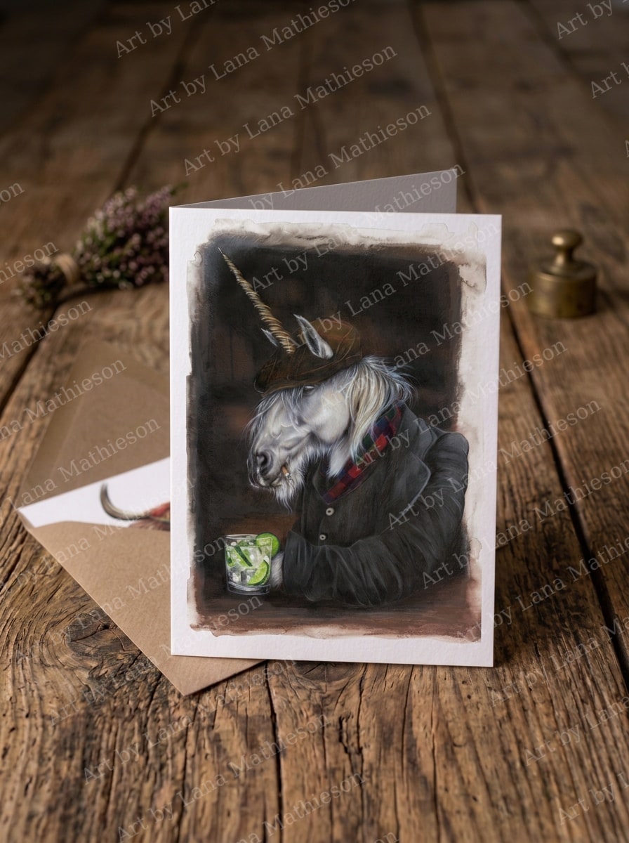 The Unicorn Legend design on an A6 greeting card.