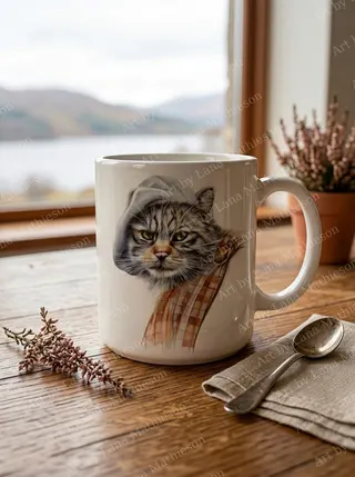 The Wild Outlander Cat design on a ceramic mug.